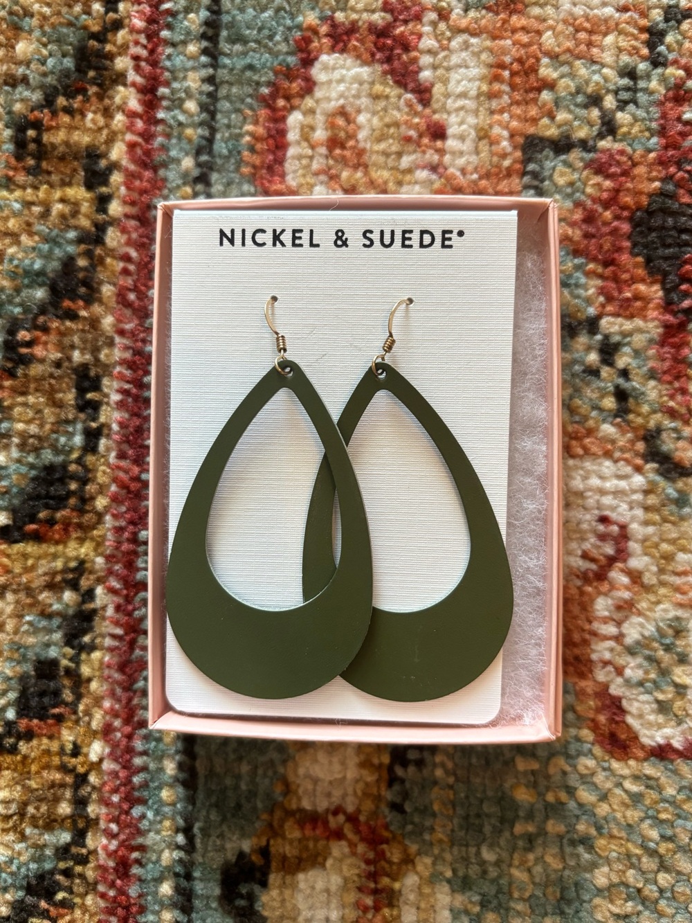 Nickel & Suede Cut-Out Teardrops - Olive